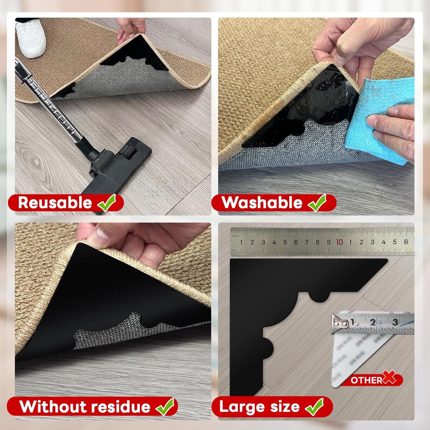 Rug Non Slip Grippers, Reusable Keep Rug Corner Down Tape Pads for Hardwood Floors, Strong Carpet Gripper for Area Rugs, No Damaging for Floor, 32Pcs