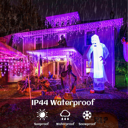 66ft Purple Halloween Lights Outdoor, 640 LED Icicle Lights for Outside Indoor Twinkle Lights with Connectable Clear Wire 8 Modes Timer Waterproof for House Party Tree Holiday Yard Decorations