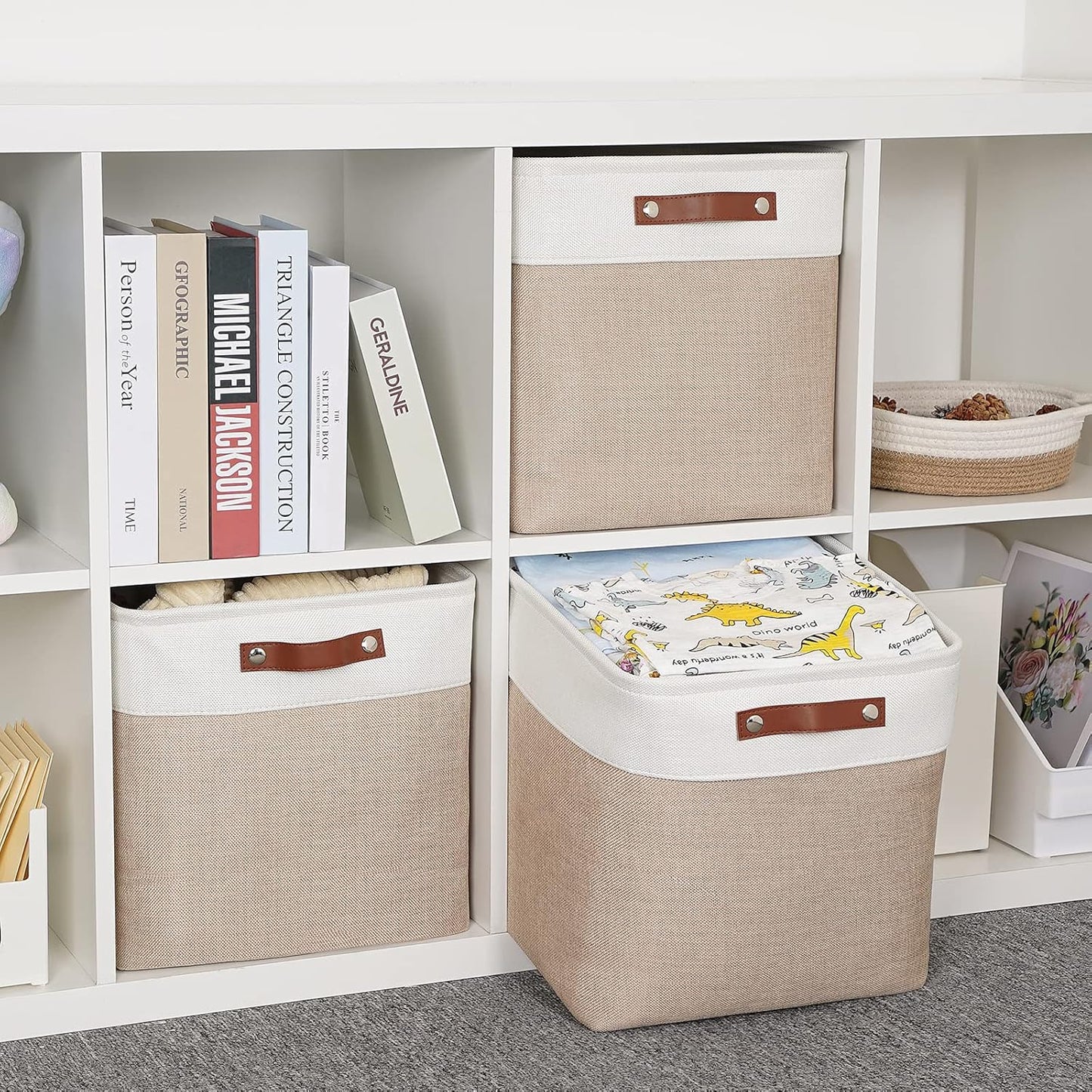 HNZIGE Cube Storage Baskets for Shelves Foldable Storage Baskets(3 Pack) Cube Storage Bin,13 Inch Storage Basket for Organizing with Leather Handles for Toys, Clothes, Kids, Closet (White&Beige)