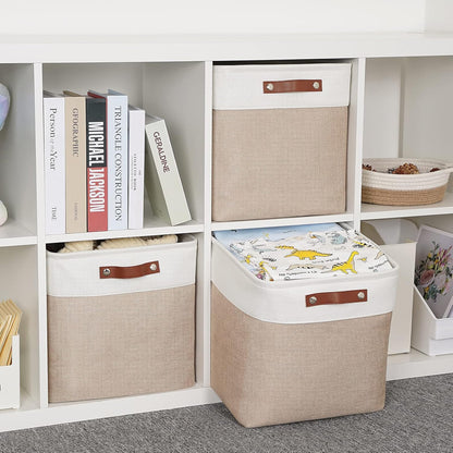 HNZIGE Cube Storage Baskets for Shelves Foldable Storage Baskets(3 Pack) Cube Storage Bin,13 Inch Storage Basket for Organizing with Leather Handles for Toys, Clothes, Kids, Closet (White&Beige)