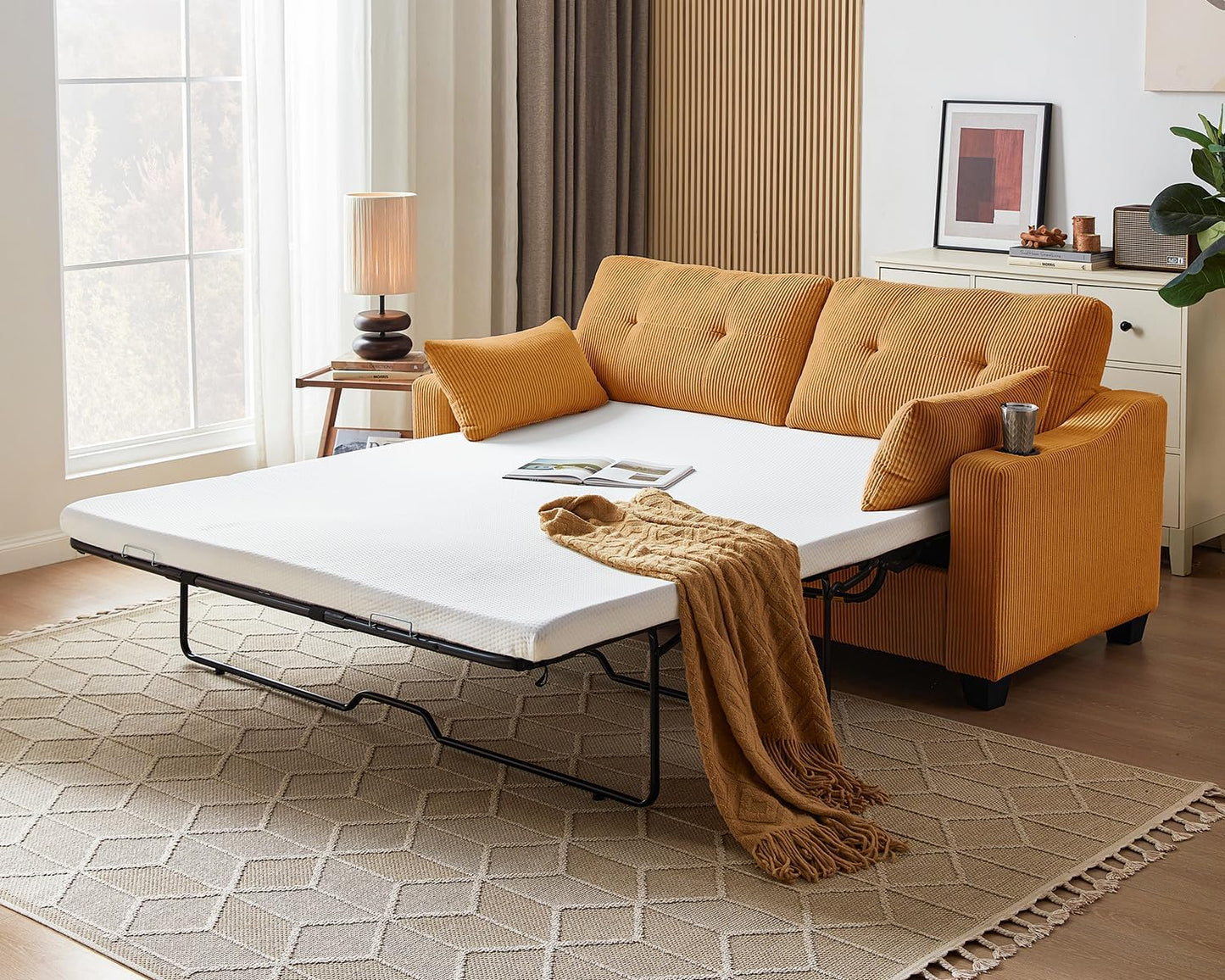 Pull Out Sofa Bed, Full Size Sleeper Sofa, 2-in-1 Convertible Corduroy Couch with USB Charging, Memory Form Couch for Living Room, Apartment and Small Space (Mustard Yellow, Corduroy - Queen Size)