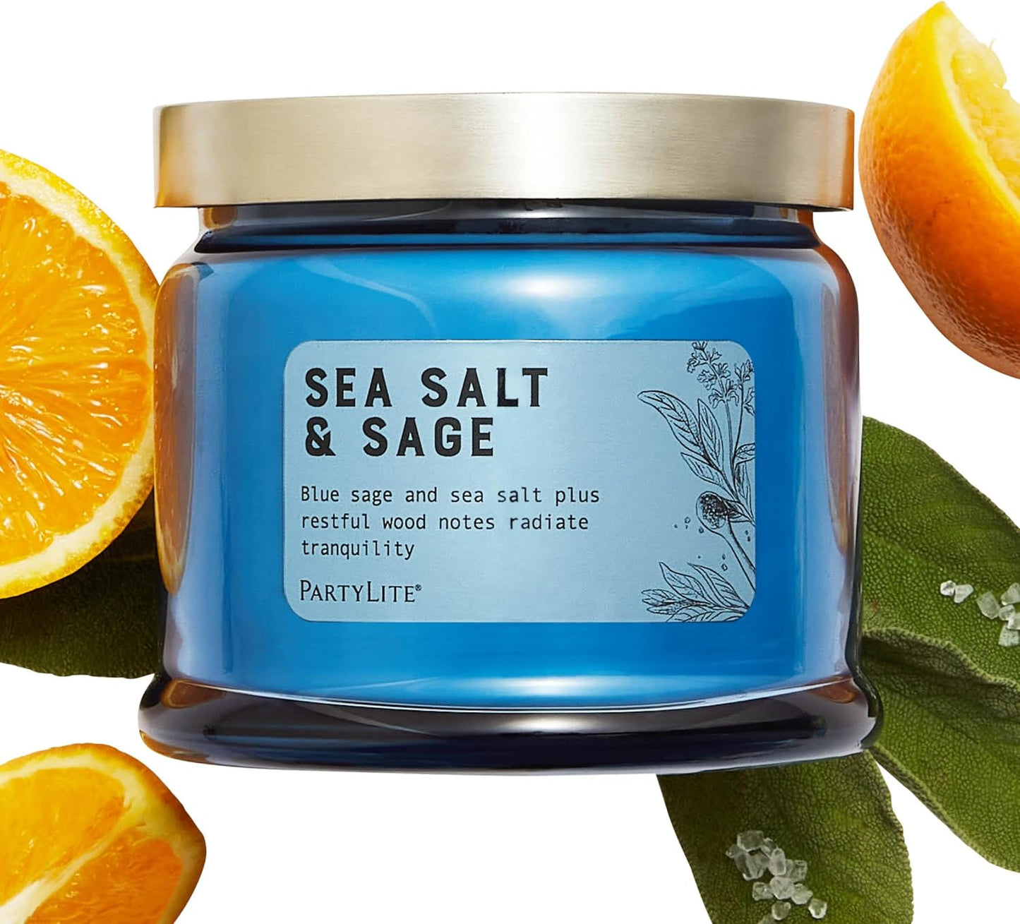 PartyLite Sea Salt & Sage Scented, Notes of Salted Air, Sea-Soaked Sage, Driftwood, Coconut and Sandalwood, 13.2oz 3-Wick Jar Candle, 45 Hour Burn Time, Luxurious Fragrance, Perfect for Gifting