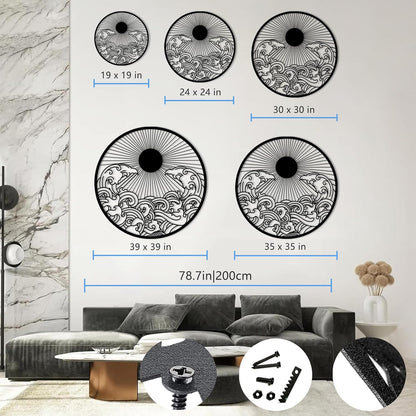 flyoak Metal Sun Wall Decor Outdoor, Sunrise Metal Wall Art, Metal Wave Wall Art, Sunrise and Wave Wall Decor, Sunburst Wall Art, Sunset Wall Art, Wall Hangings for Bedroom (Silver, 24x24in|60x60cm)