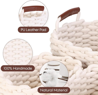 Sea Team 3-Pack Rectangle Woven Cotton Rope Storage Baskets with Handles, Shelf Basket, Closet Organizers, 3-in-1, White