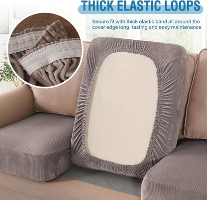 H.VERSAILTEX Velvet Stretch Couch Cushion Cover Plush Cushion Slipcover for Chair Loveseat Sofa Cushion Furniture Protector Seat Cushion Sofa Cover (3 Piece XL Sofa Cushion Covers, Taupe Striped)