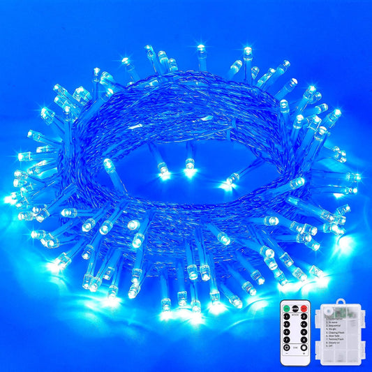 JMEXSUSS 33ft 100 LED Blue Christmas Tree Lights, Battery Operated Christmas Lights with 8 Modes Remote Waterproof Outdoor Indoor for Halloween Christmas Outside Decorations
