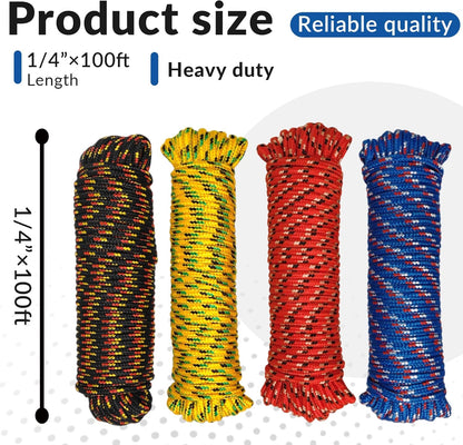 Diamond Braided Polypropylene Rope Nylon Mix Thick Heavy Duty Ropes 1/4 inch 100ft High Strength Perfect for Clothesrope Camping Hiking and Other Outdoor Activities 1/4 100ft 4Pack Rope