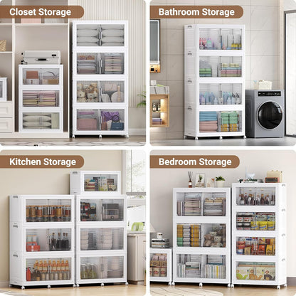 BROVIEW 324 Qt Plastic Storage Bins with Lid, Doors & Wheels, 3Pack Extra Large Stackable Collapsible Storage Bins, Closet Organizers and Storage Drawer, Foldable Cabinets for Home Office, White