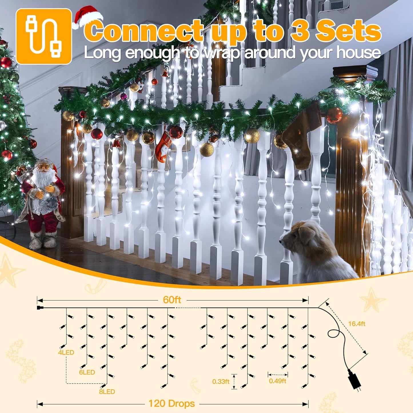 Ollny Icicle Lights for Outside 720LED 60FT, Cool White Christmas Lights with Remote 8 Modes Dimmable, Waterproof Connectable Timer Hanging Light for House Outdoor Yard Indoor Decorations