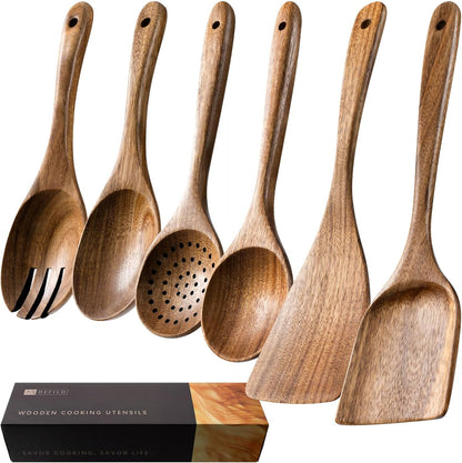 Wooden Spoons for Cooking, Nonstick Cooking Utensil Set with 6 Piece Acacia Wooden Spatulas and Spoons for Cooking, Terrific for Everyday Kitchen Tasks