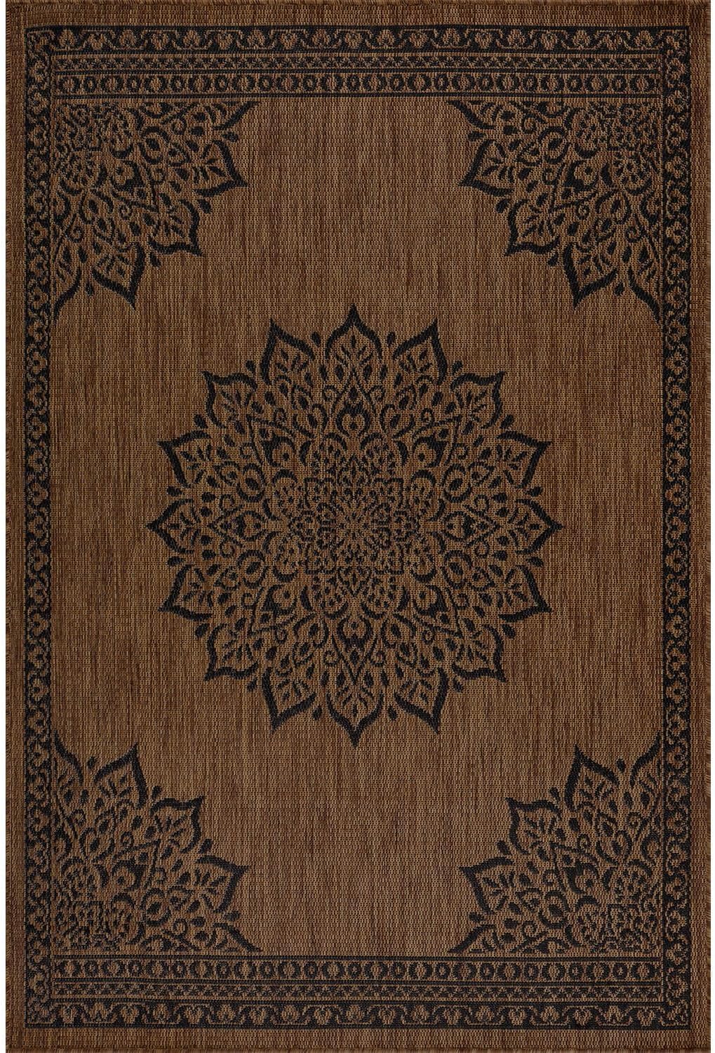CAMILSON Outdoor Rug, 5x7 Medallion Nut Brown Black Modern Area Rugs for Indoor and Outdoor Patios, Kitchen and Hallway Mats, Washable Porch Deck Outside Carpet (Medallion Nut Brown Black, 5 x 7)