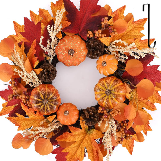 20 Inch Thanksgiving Fall Wreath, Berries Pumpkins Maple Leaves Pine Cones Autumn Wreaths with Hook for Front Door, Fall Decor, Porch Wall Home Outdoor Holiday Decorations Wreath for Autumn