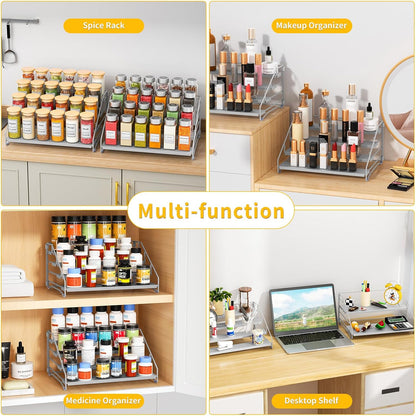 RCHYFEED 4 Tier Spice Rack Organizer, Spice Organization for Cabinet,Pantry, Countertop,Tiered Spice Rack Easy Visibility,Depth Expandable Seasoning Shelf for Kitchen Cabinet Organizer,Silver,2 PACK