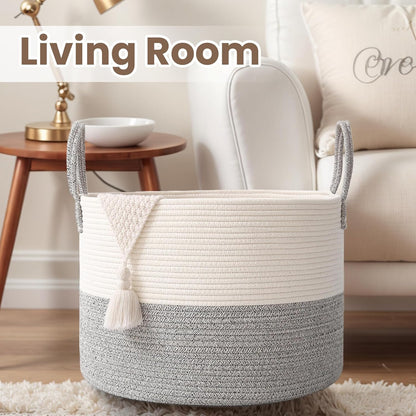 Woven Blanket Basket,115L Large Rope Storage Bin with Handles, Organizer for Blankets Toys Book and Clothes, Laundry Basket for Living Room Bedroom Nursery,White&Grey