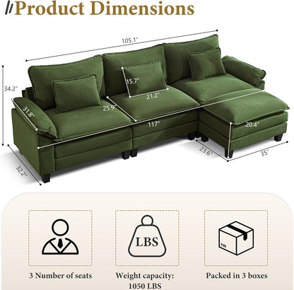 URRED Modular Sectional Sofa Comfy Cloud Couch, Modern Corduroy Sofa Sleeper Deep Seat Couches with Ottoman/Pillows for Living Room (Green, 117''- L Shape)