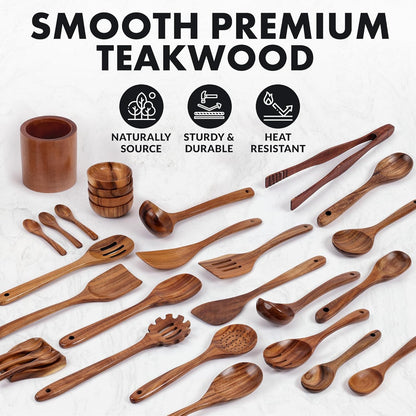 Zulay Kitchen 30-Piece Teak Wooden Utensils - Natural Teak Cooking Utensils with Premium Gift Box - Non-Stick Wooden Spoons - Kitchen Gift Set - Comfortable Grip