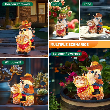 Solar Highland Cow Gnome Statue - Hand-Painted Resin Outdoor Decor for Garden & Yard, Unique Mothers Day Birthday Gifts for Grandma Women (Weatherproof)