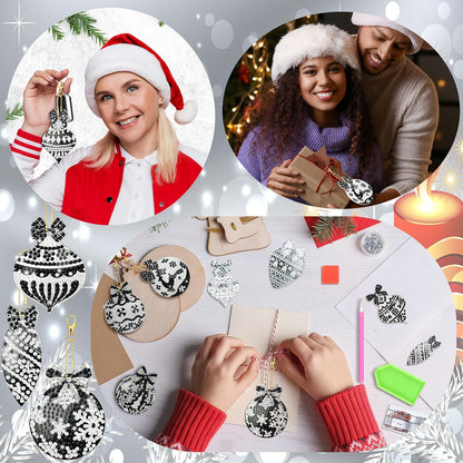 Tondiamo 20 Pcs Christmas Diamond Painting Keychain Kits 5D DIY Diamond Art Pendants Double Sided Hanging Key Chains for Christmas Party Decoration DIY (Black Style)