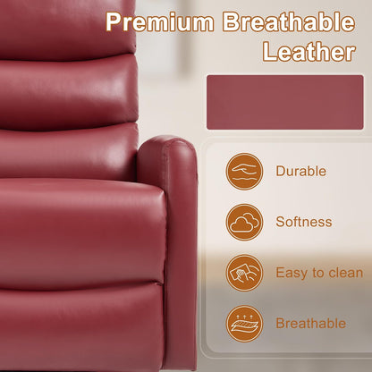 Manual Swivel Rocker Recliner Chair for Adults, Overstuffed Reclining Glider Chair for Nursing with Vibration Massage & Heat, Living Room Rocking Recliner 3-Stage backrest, Faux Leather Red