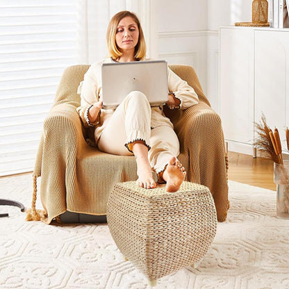 Square Poufs Ottoman,Hand Woven Natural Braided Cattail Ottomans Pouf for Patio,Home,Office,Living Room,Bedroom Indoor Outdoor Porch,Seagrass Footstool/Floor Accent Chair,Ottoman Foot Rest (Square)