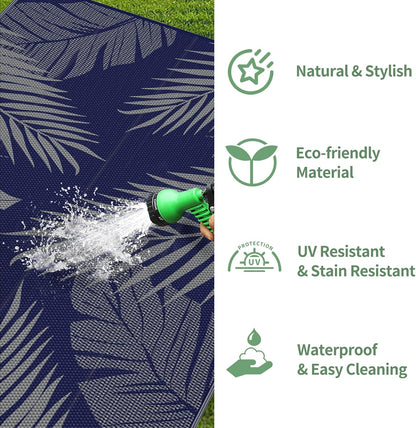 GENIMO Outdoor Rug 2.5' x 8' Waterproof for Patios Clearance, Reversible Outdoor Plastic Straw Camping Rug Carpet, Large Area Rugs Mats for RV, Camper, Deck, Balcony, Porch, Beach, Picnic, Blue&Grey