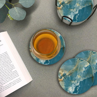 Emerson Coasters for Drinks Absorbent – Natural Stone Drink Coasters Set with Holder, Coasters for Coffee Table, Wooden Tabletop Protection Marble Style – 100% Heavy Duty Set of 6 (Seaside)