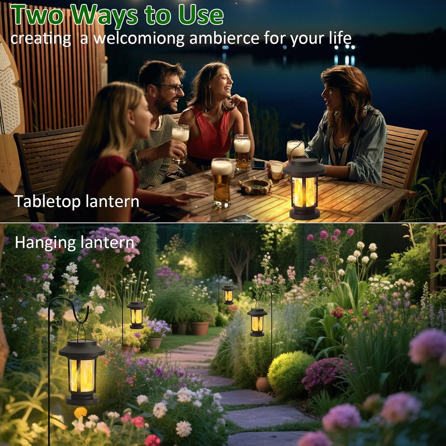 Derynome Solar Lantern Outdoor Lights, 2 Pack Upgraded Flickering Flameless Solar Lights Outdoor Waterproof, Hanging Decorative Lanterns for Yard Patio Path Garden Decor (2)