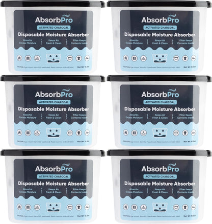 Moisture Absorber Tub with Activated Charcoal - 6-Pack - 10.5 oz Disposable Odor Eliminator Box & Dehumidifier for Garage, Home, Kitchen, Bedroom, Bathroom, Closet, Cars, and Boats