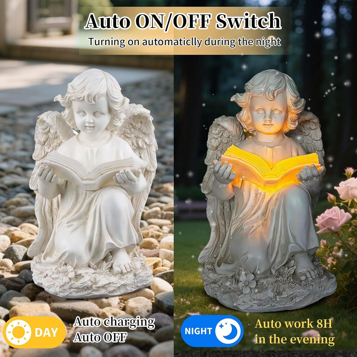Garden Angel Statues for Outside, Solar Angel for Garden with Bible & Cemetery Decorations for Grave, Angel Figurines for Yard Patio Decor & Lawn Ornaments, Gifts for Mom Grandma Women