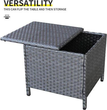 Outdoor Wicker Storage Side Table, Patio Grey PE Rattan End Table with Storage, Square Container for Furniture Covers, Toys, and Gardening Tools