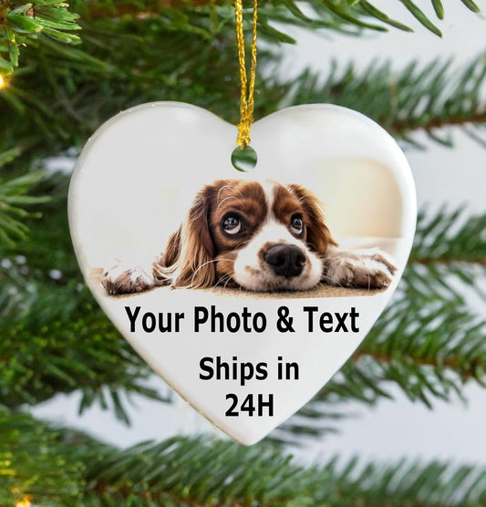 Personalized Ornament, Add Photo Text or Art Design and Make Your own Customized Porcelain Ceramic Ornament, Gold String and Gift Bag Included (Heart)