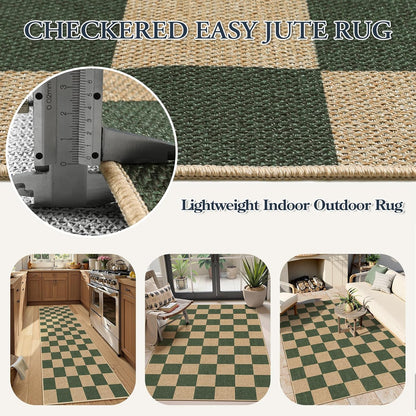 Lahome Checkered Easy Jute Dining Room Rug, 5x7 Indoor Outdoor Rugs for Patio Living Room, Neutral Checkerboard Non Slip Low Pile Green Carpet for Bedroom Office Backyard