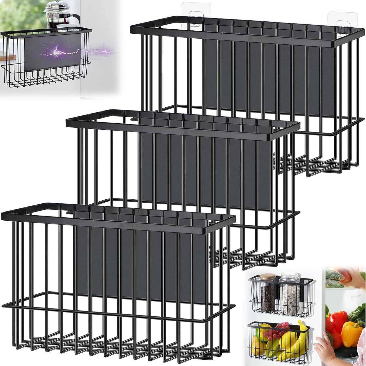 3 Pcs Magnetic or Adhesive Refrigerator Organizer Magnetic Baskets Kitchen Holder for Refrigerator Metal Shelf Rack Storage with 2 Types of Installation(Black)