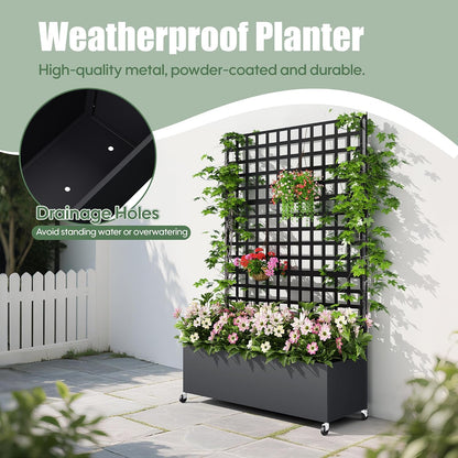 Metal Planter Box with Trellis Privacy Screen, Raised Garden Bed with Lattice Trellis & Wheels, Privacy Planters for Patio, Planter Box for Climbing Plants, Flower, 73"x 47"x 16", Black