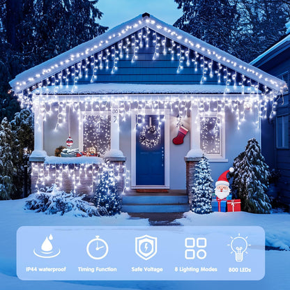 JMEXSUSS Christmas Icicle Lights for Outside: 800 LED White Icicle Lights Outdoor Waterproof - White Christmas String Lights for House Wedding Party Christmas Decoration