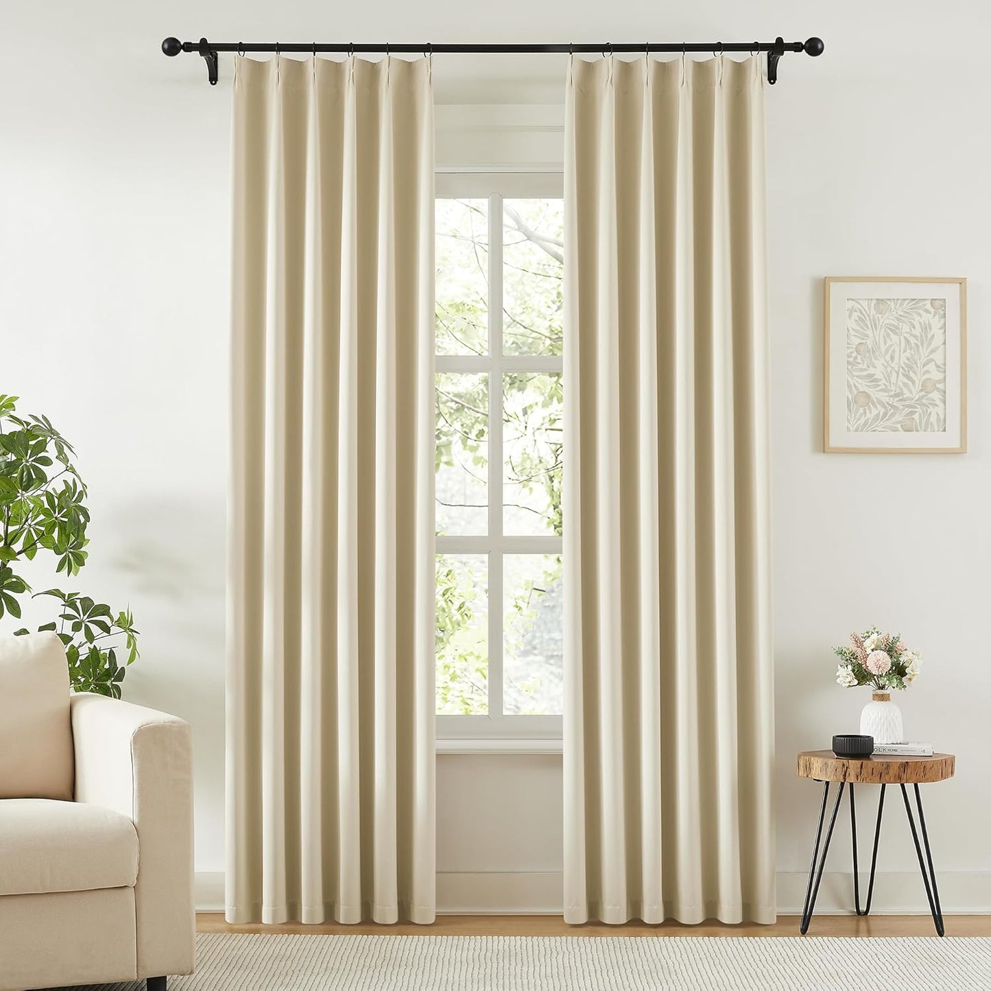 KangBang Cream Beige Pinch Pleated Curtains 2 Panels Set, 90 Inch Blackout Curtains for Bedroom Living Room, Room Darkening Sound Dampening Polyester Vertical Window Panels with Hooks, 40x90