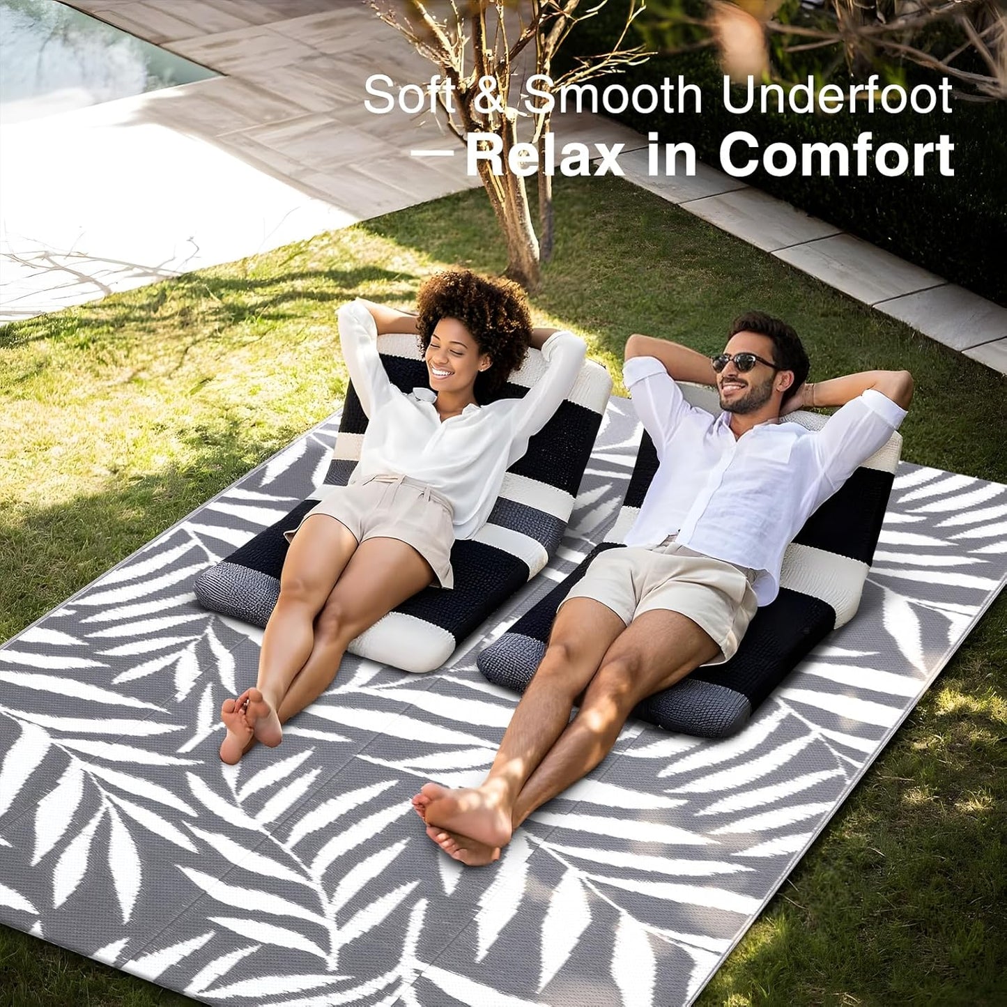 OLANLY Waterproof Outdoor Rug 5x8 ft, Reversible Outdoor Plastic Straw Rug with Leaf Pattern, RV Mat, Indoor Outdoor Carpet for Patio, Camping, Balcony, Deck, Backyard, Grey & White