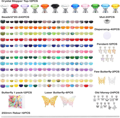 380pcs Beaded Garden Stake, DIY Butterfly Fairy Wand Garden Stake Kit with 10IN Threaded Rod Crystal Stopper Top Large Holes Beads Butterfly Decoration Pendants Outdoor Fairy Garden kit