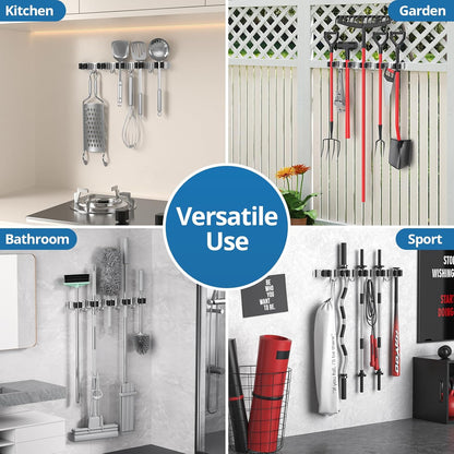 2 Pack Broom Holder Wall Mount Mop and Broom Hanger Broom Organizer Storage Tool Racks Stainless Steel Heavy Duty for Kitchen Garden Laundry Garage (5 Racks with 4 Hooks)