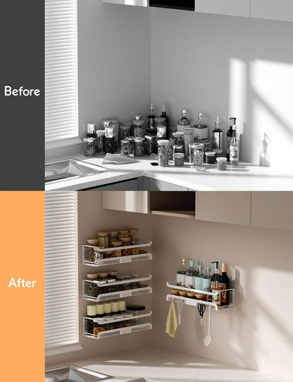 Spice Rack Wall Mount with Hooks - Spice Racks Organizer for Cabinet Storage, Wall Mounted Hanging Shelf Seasoning Organizer, for Kitchen, Pantry Door, Bathroom (White, 4 Pack)