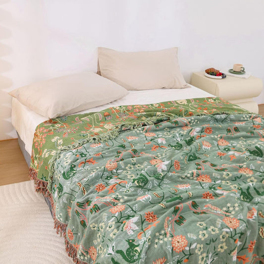 Snycler Boho Throw Blanket for Bed - 100% Cotton Ultra Soft Rustic Quilt Green Blanket - Floral Printed Farmhouse Decor Bed Blankets, 80"×90" All Season Rustic Throw for Sofa Couch Chair