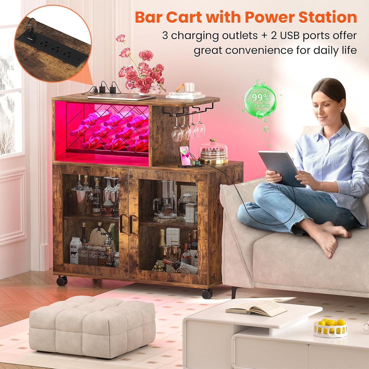 Wine Bar Cabinet with Wheels, Small Liquor Cabinet with LED Light, Home Bar Cart with Power Outlets, Coffee Bar with Wine Rack, Glasses Storage for Kitchen, Dining Room, Living Room, Vintage