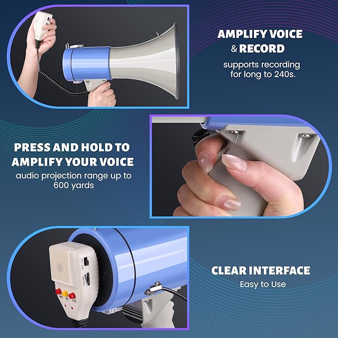 50 Watt Megaphone Bullhorn with Detachable Microphone, 240s Recording and Siren - Perfect for Indoor/Outdoor Sporting Events and Crowd Control