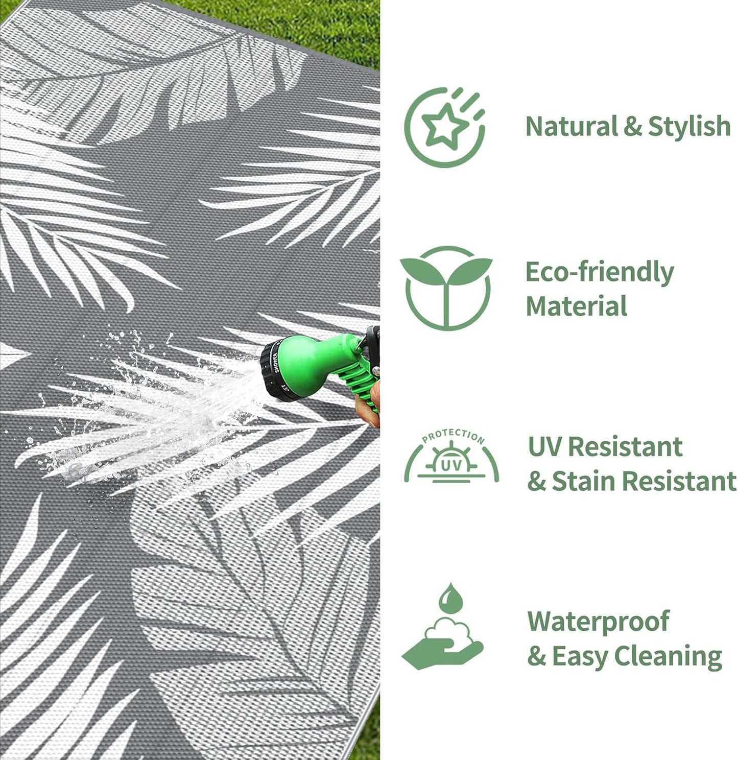 GENIMO Outdoor Rug 10' x 10' Waterproof for Patios Clearance, Reversible Outdoor Plastic Straw Camping Rug Carpet, Large Area Rugs Mats for RV, Camper, Deck, Balcony, Porch, Beach, Picnic, Grey&White