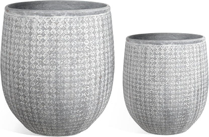 Worth Garden Large Round Planters Set of 2 (14.5"x17.5" & 12" x15“) - Lightweight Magnesium Oxide Cement Plant Pot with Texture - Grey Concrete Look with Drainage Hole – Indoor & Outdoor Use