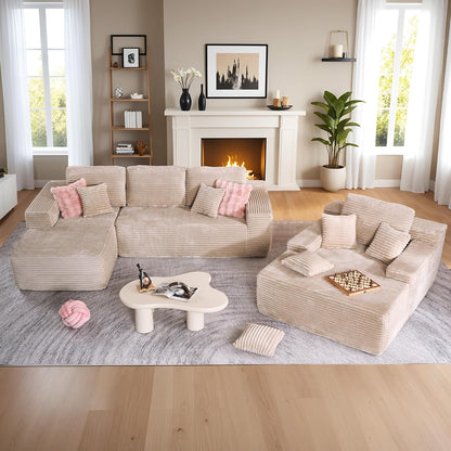 HOOOWOOO Cloud Sectional Couches for Living Room,Modular Sectional Sofa No Assembly,Plush Corduroy Large Floor Couch Furniture Set with Deep Seat Left L Shape and Chaise Lounge(Beige)