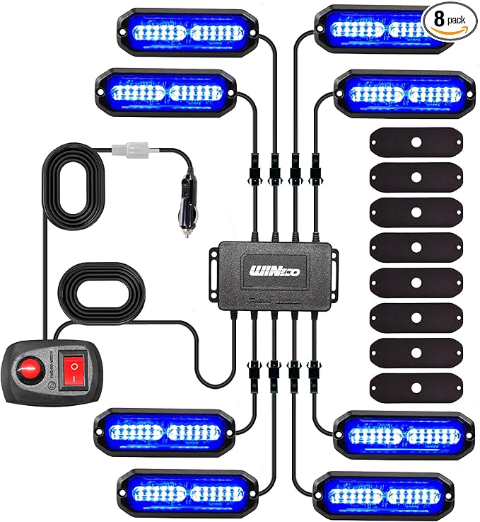 WINECO 8PCS LED Strobe Lights 12V Sync Feature Blue 12LED Emergency Hazard Warning Lights with Strobe Controller for Trucks Vehicles ATV RV Cars Van