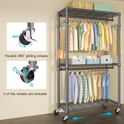 FUTASSI P1 Heavy Duty Garment Rack, 3 Tiers Adjustable Rolling Metal Closet Organizer with Lockable Wheels, FreeStanding Wardrobe with Double Hanger Rods & 1 Pair Hooks, Max Load 450 LBS, Gray