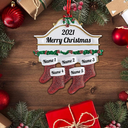 Personalized Christmas Ornaments Family of 2,3,4,5,6,7,8 Custom Christmas Stocking Ornaments with Names, Customized Xmas Day Home Christmas Tree Decora- Family of 5