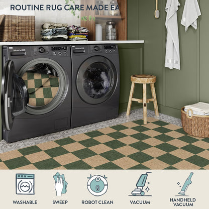 Lahome Checkered Easy Jute Dining Room Rug, 5x7 Indoor Outdoor Rugs for Patio Living Room, Neutral Checkerboard Non Slip Low Pile Green Carpet for Bedroom Office Backyard